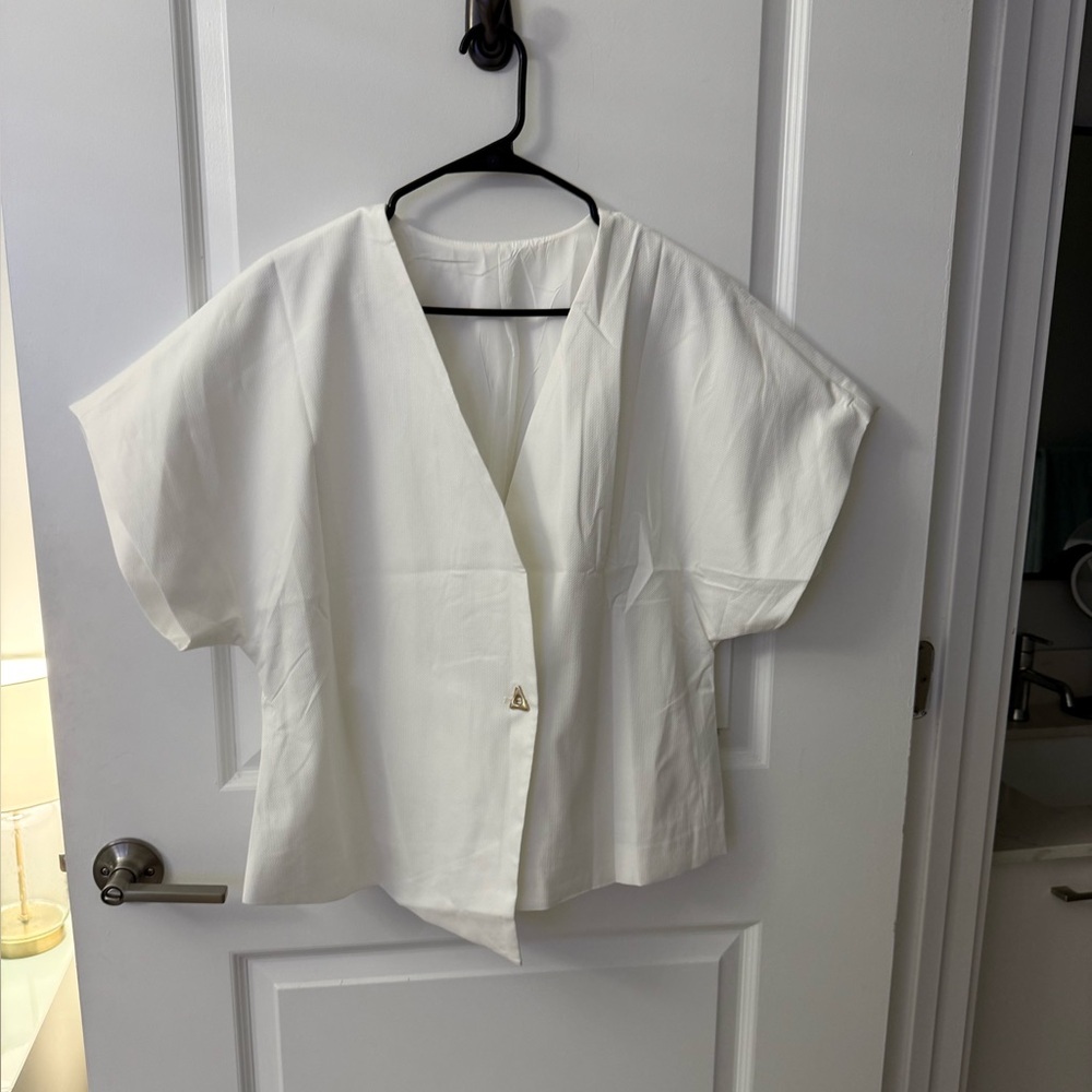 Urban revivo White Short Sleeve wrap top with gold button